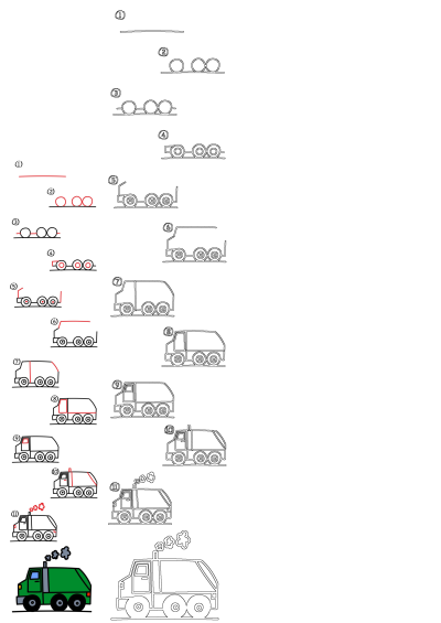 Image shows step-by-step illustrations of drawing a garbage truck, from simple shapes to a complete and detailed truck drawing with exhaust. 