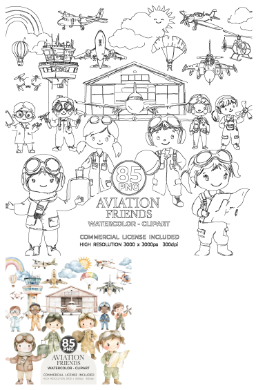 Watercolor aviation friends clipart featuring various planes, cute characters, and aviation-themed elements. This versatile collection offers a charming and playful take on aviation.