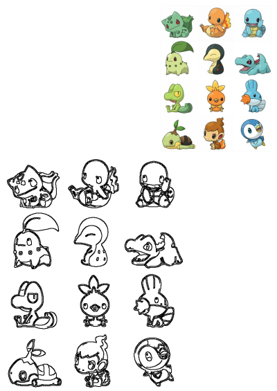 The pokemon stickers on an iphone are all different colors and sizes, but there is also a group of all the generation pokemon starters: Bulbasaur, Charmander, Squirtle...