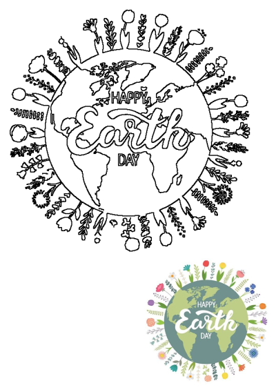 Happy Earth Day illustration featuring a globe surrounded by colorful flowers and foliage. A cheerful image celebrating our planet.