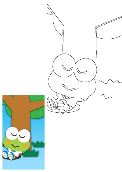 A cartoon illustration of a green frog with closed eyes taking a nap while sitting under a tree in a serene, childlike setting.