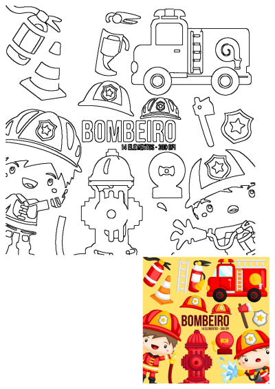 Cartoon fireman stands with his equipment, including a fire truck, hose, hydrant, and axe. Firefighter clipart set with 14 elements.