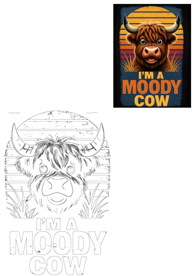 I'm a Moody Cow! Cute 2025 highland cow with playful expression against a retro sunset background. A funny, heartwarming image.
