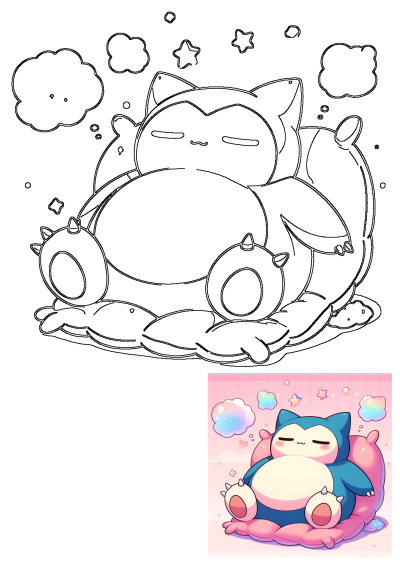 A cute, cartoonish Snorlax sleeps on a pink inflatable pillow with eyes closed and arms crossed, surrounded by pastel clouds and stars.