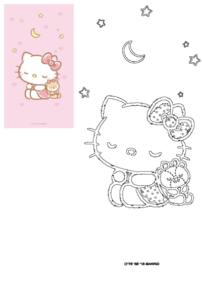 Cute Hello Kitty holding a teddy bear in her arms with moon and stars in the light pink background. Dreamy Hello Kitty with teddy.