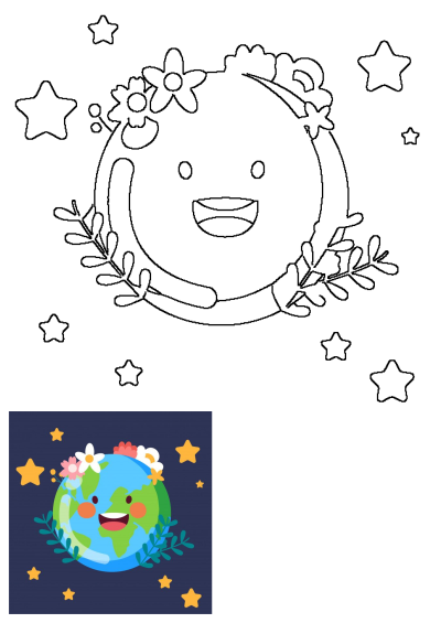 Cartoon illustration of the earth with flowers on its head and stars around it, set against a blue background. Happy and healthy planet.