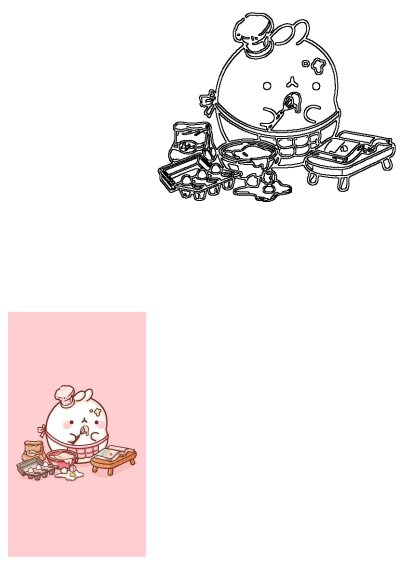 Cartoon character in chef hat cooking with eggs, flour, and recipe book on a pink backdrop. A cute illustration of baking preparations.