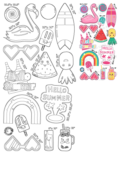 Bright and fun summer-themed stickers featuring a flamingo, watermelon, surfboard, and other summer essentials. These stickers are in the shape of flamingos and watermelons.