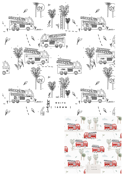 A charming pattern featuring red firetrucks and ladders on a white background with trees in the foreground, perfect for kids' decor.