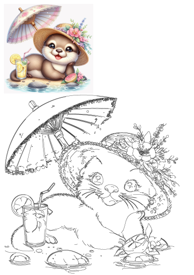 Adorable otter wearing a straw hat decorated with flowers, enjoying a refreshing lemonade on the beach under a parasol.