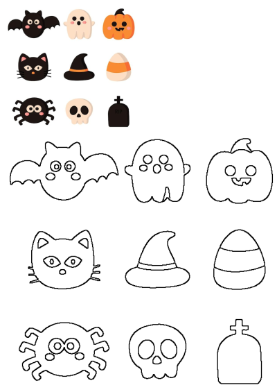 Cute cartoon Halloween icons including a bat, ghost, pumpkin, cat, witch hat, candy corn, spider, skull and tombstone.