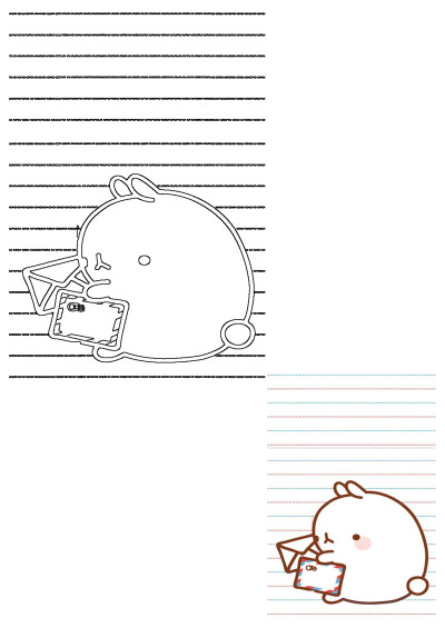 A cartoon rabbit named molang with a pink cheek holding a letter and looking at the envelope in the same direction, with lined paper background.