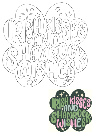 Irish kisses and shamrock wishes written in green, pink, and blue ink inside of a shamrock. St. Patrick's day illustration.