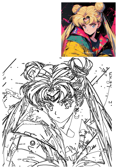 Anime character with long blonde hair and blue eyes, wearing a yellow jacket. Inspired by Sailor Moon with bun hairstyle and crescent moon earring.