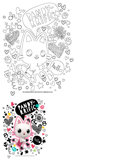 An illustration of Pandy Paws, the white cat with black stripes from Gabby's Dollhouse, surrounded by hearts and cute design elements.