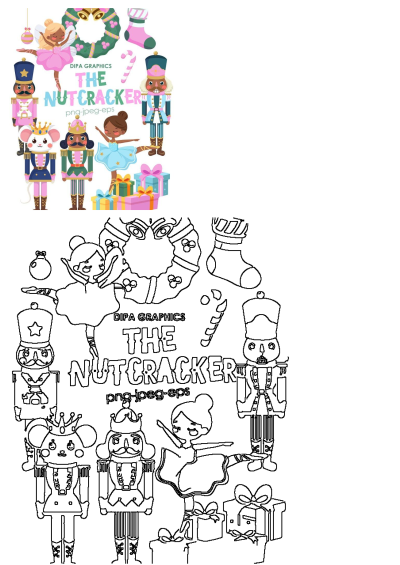Colorful Nutcracker ballet characters clipart: ballerina, nutcracker soldiers, mouse king, festive gifts, and Christmas decor, with outline art.