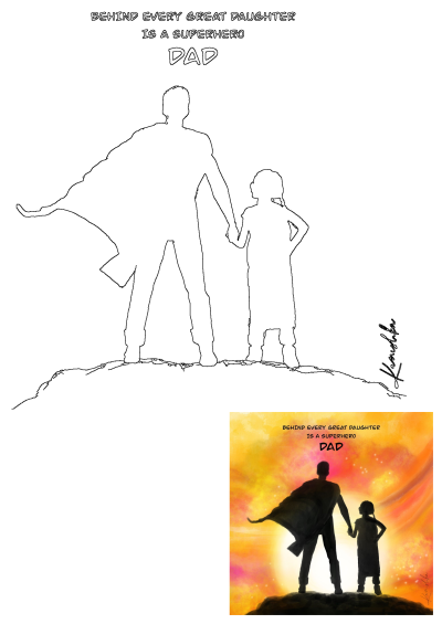 A father, superhero cape flowing, holds his daughter's hand on a hill. Text reads: "Behind every great daughter is a superhero Dad."