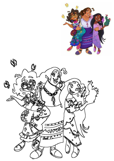 Artwork of Encanto sisters Mirabel, Isabela, and Luisa posing together, showcasing their unique outfits and personalities. Whimsical, colorful illustration.