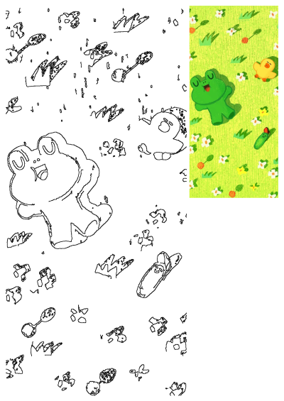 A cute cartoon illustration featuring a green frog lying on a green field with flowers,grass, a yellow duckling and a cucumber.