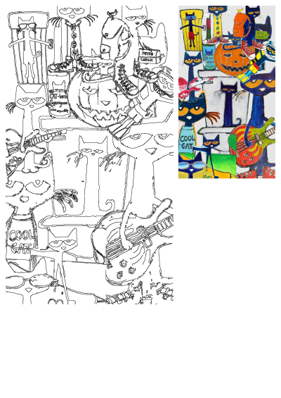 Drawing of cats with pumpkins and guitars, showcasing whimsical characters and playful imagery for a unique and fun composition.