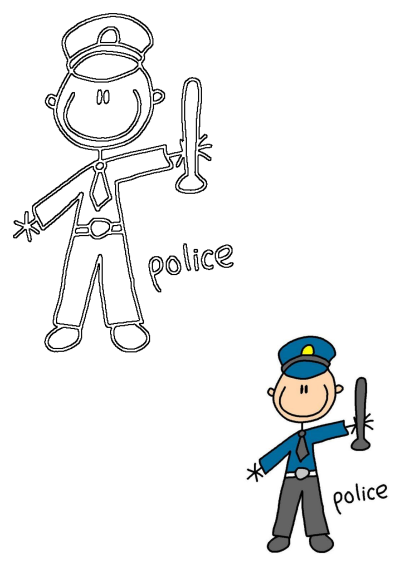 A cartoon stick figure of a police officer with a baton, wearing a blue uniform and hat. Drawn in a simple, childlike style.