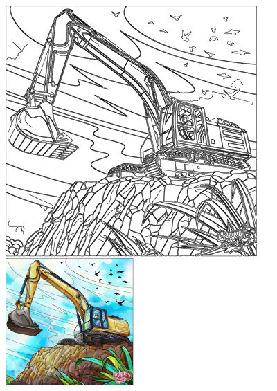 Illustration of a construction site with a yellow excavator perched on a hill, and birds flying above. Earthy tones with a sky blue background.