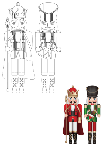 Detailed vector illustration of two classic Christmas nutcrackers, a king and a drummer, shown in both black outline and vibrant color.