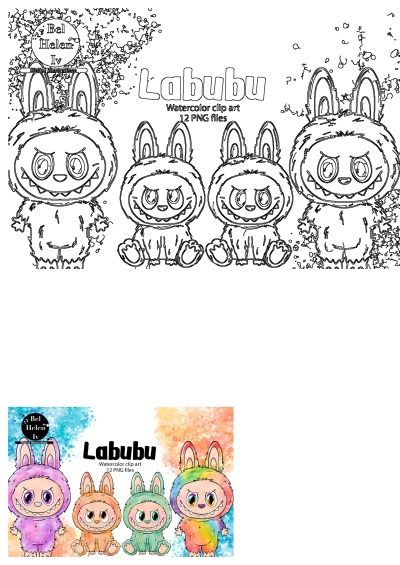 Three little bunnies in colorful costumes with the words Labubu on the chest. Watercolor clip art of cute bunny PNG files.