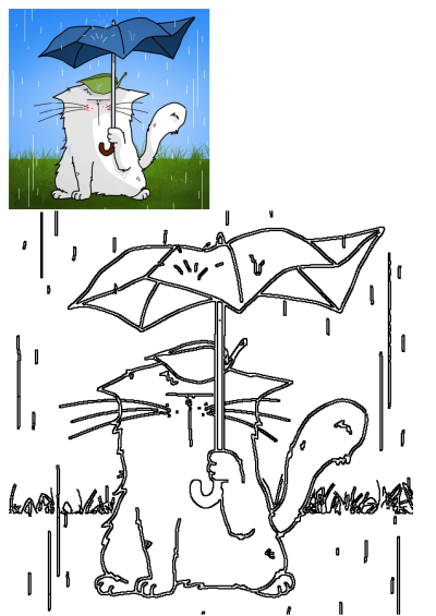 Sad white cat holding an umbrella in the rain, sitting on a grass field. Cartoon illustration of a tearful feline sheltering from the storm.