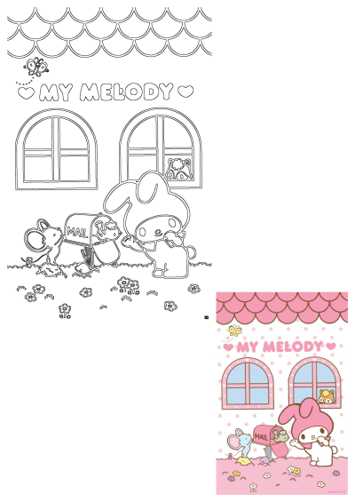 My Melody cartoon illustration featuring My Melody with a pink mailbox and a cartoon mouse in front of her house.
