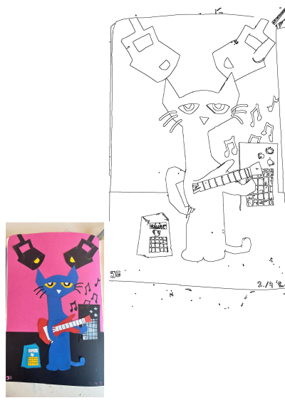 A paper cut out of a blue cat playing the guitar with music notes. A vibrant paper collage featuring a cool blue cat jamming on a red guitar.