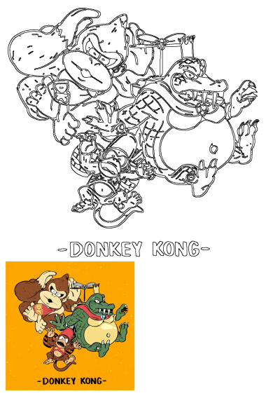 Image of Donkey Kong, Diddy Kong, and King K. Rool, three cartoon characters from the Donkey Kong video game series on an orange background. 