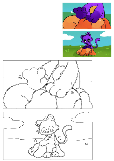 Two cartoon pictures: a cat and a kitten sitting on rocks. Cute digital art of cartoon animals. Comic style artwork.