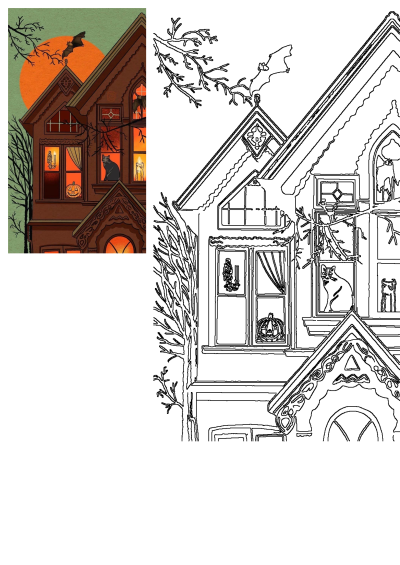 a halloween house with bats and pumpkins on the windows