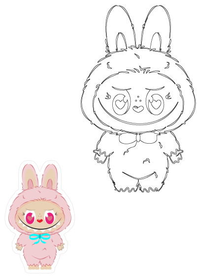 Pink bunny sticker with big, heart-shaped eyes and a toothy grin. A cute monster in a bunny suit with a blue bow. sticker.