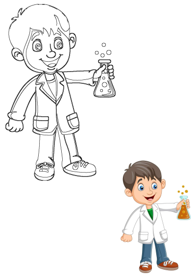Cartoon image of a boy in a white lab coat holding a flask filled with bubbly brown liquid. Ideal for science education resources. 