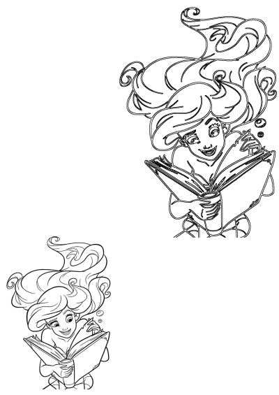 Coloring page of the Little Mermaid, Ariel, engrossed in a book. Her hair flows in the wind as she dives into a story. Fun for kids!