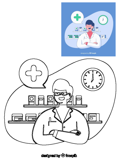 A friendly cartoon illustration of a man in a lab coat standing in a pharmacy, with shelves filled with medicine behind him.