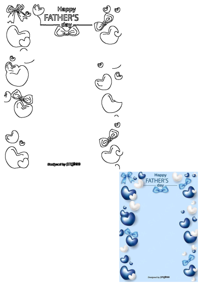 Happy Father's Day themed greeting card with a light blue background, decorated with blue and white hearts and bows illustration.