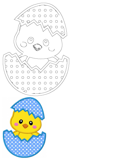 A cute yellow chick with pink cheeks peeks out from a broken blue and white polka dot egg applique design. Easter chick hatching.