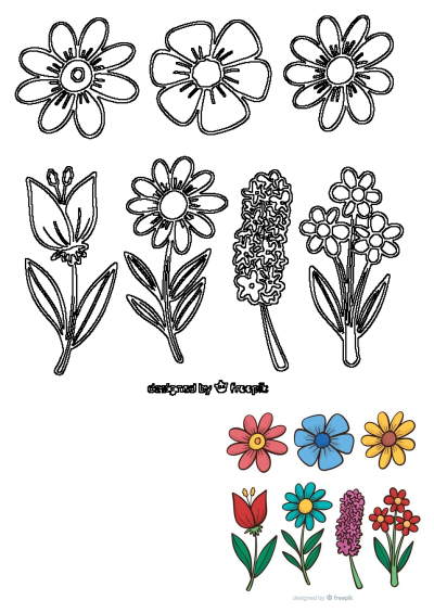 Cartoon-style illustration features a variety of colorful flowers, including daisies, tulips, and hyacinths. Perfect for spring designs.
