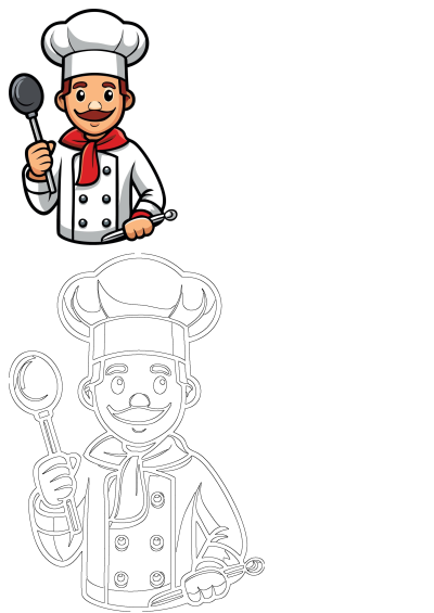 Cartoon chef holding a cooking spoon in one hand and another cooking utensil in the other hand. A cheerful chef character illustration.