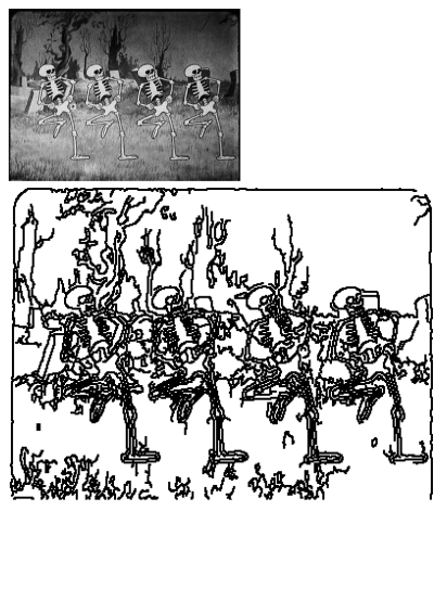 Vintage cartoon image of four skeletons dancing in a graveyard. Spooky, black and white animation for Halloween. 