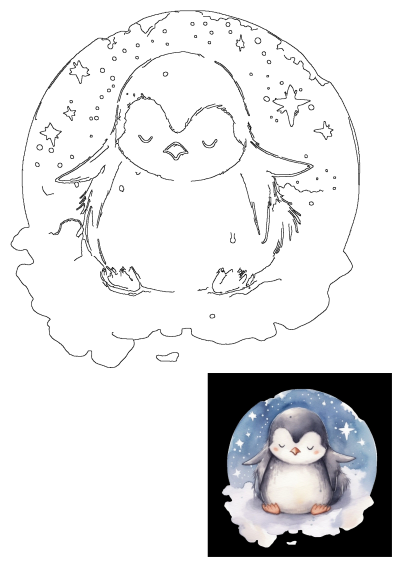 Watercolor painting of a cute penguin with stars, head and eyes closed, resting on a cloud with a starry sky in the background.