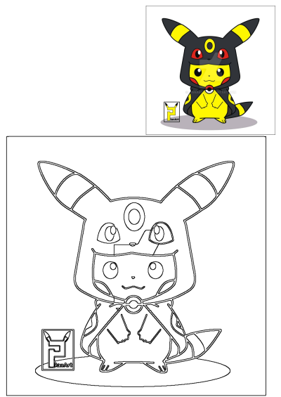 Cartoon Pikachu sitting on the ground wearing an Umbreon hooded cape. Cute Pokemon mashup fan art featuring Pikachu in Umbreon cosplay.