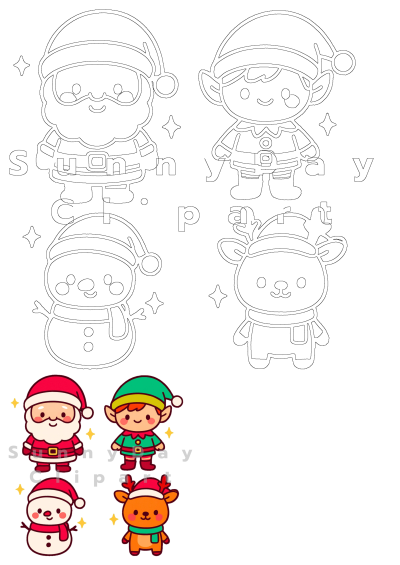 Cute Christmas characters: Santa Claus, elf, snowman, and reindeer outlines, plus vibrant, finished illustrations for holiday designs.