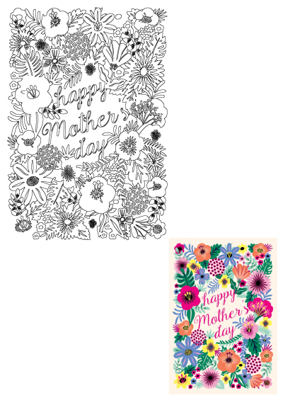 A mother's day card featuring a vibrant assortment of colorful flowers and lush green leaves, with 'Happy Mother's Day' in pink cursive font.