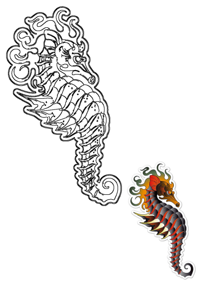 Sea horse sticker on a white background. The sticker features red and black stripes with green and yellow highlights.