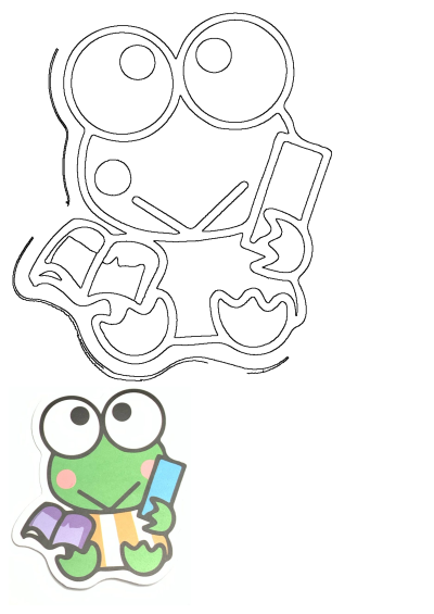 Cute frog sticker holding a piece of paper in its hand and looking directly at the camera with big round eyes and rosy cheeks. 