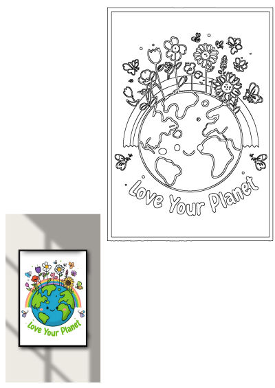 The earth with flowers and butterflies and the message, 'Love Your Planet'. A cute cartoon style illustration to encourage environmental awareness.